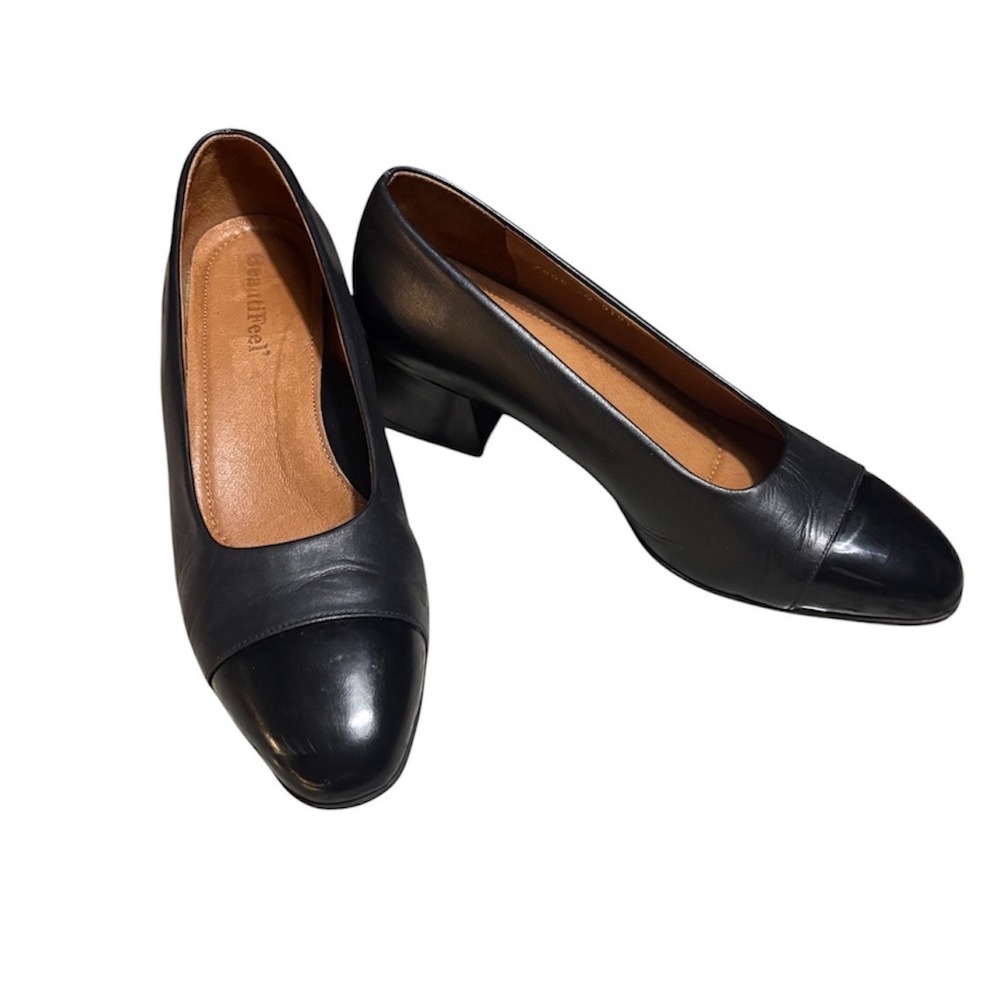 BeautiFeel Block Heel Pumps Size 40 Black Patent Cap Toe Leather Israel